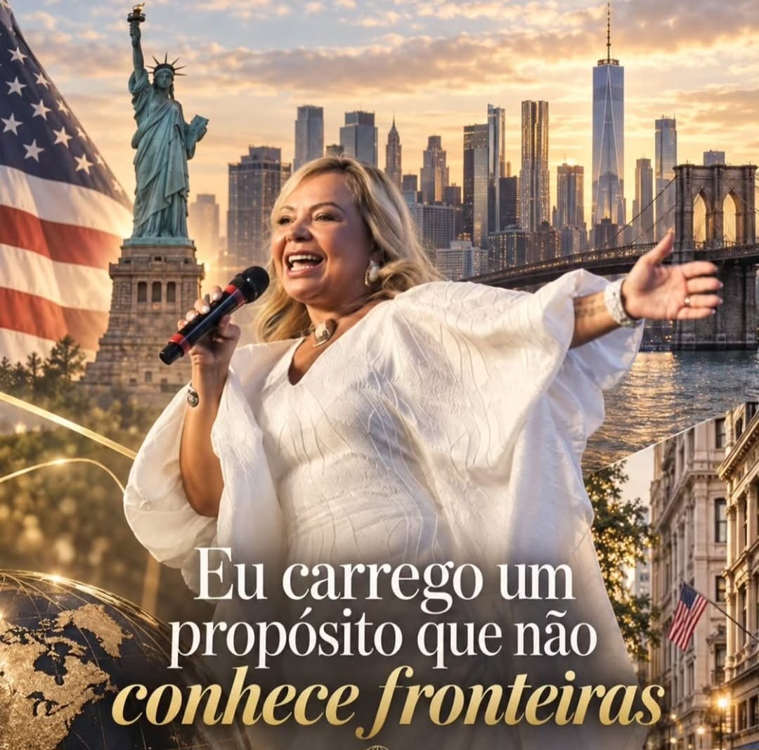 Sandra Martins de branco diante da skyline de Nova York, com a estátua da Liberdade ao fundo